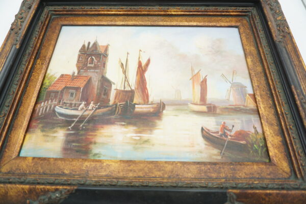 Dekoracyjny obraz „Pejzaż z wiatrakiem i łodziami” (50x60 cm)