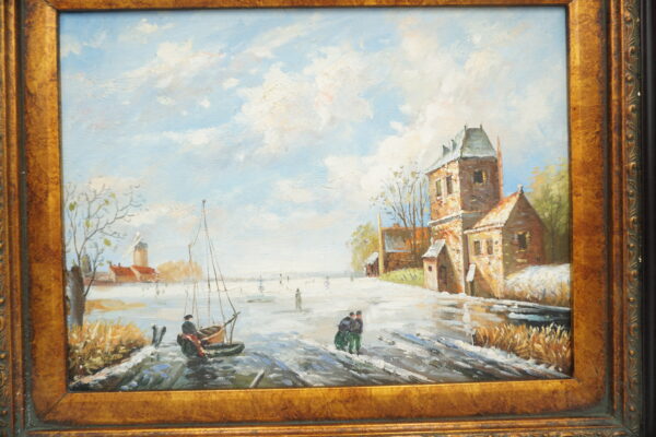 Dekoracyjny obraz „Zimowy pejzaż z rzeką i zabudowaniami” (50x60 cm)